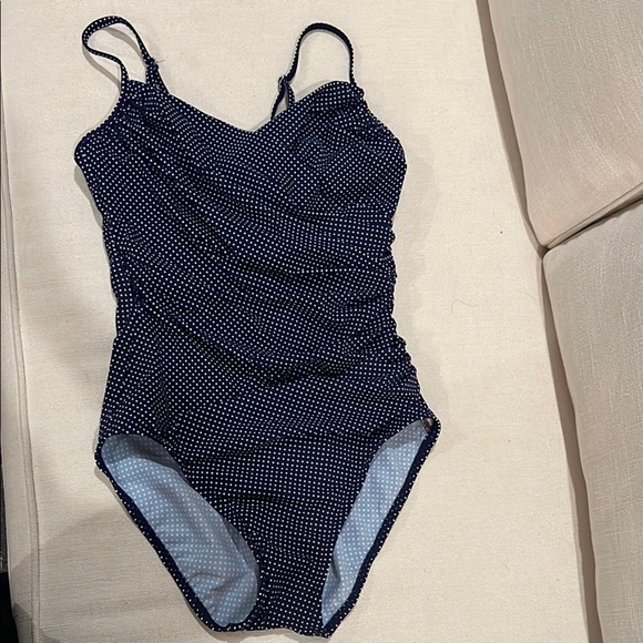 Miraclesuit Blue and White One Piece Swim ruching size 10 - Picture 1 of 12